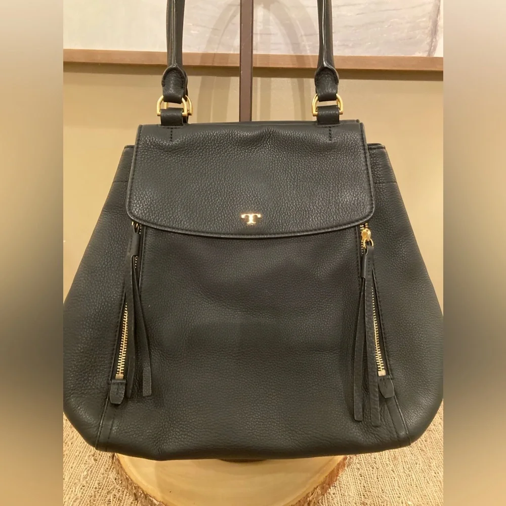 TORY BURCH Half-Moon Leather Satchel Tote Purse Handbag‎ Black Leather